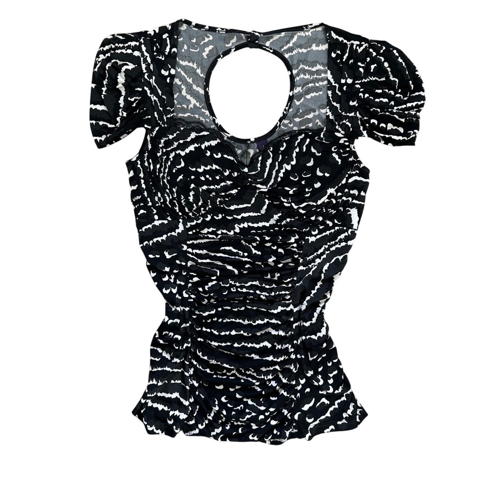 Y2K Abstract Ruched Puff Sleeve‎ Cutout Back Top large sexy going out